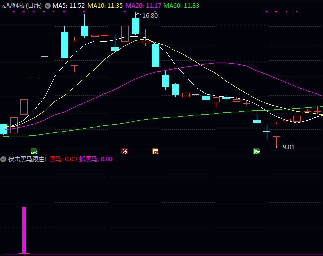 【伏击黑马跟庄】副图/选股指标,红柱提示主力突击建仓信号,紫线提示最佳伏击买点!