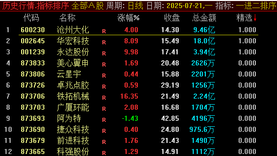 【一进二排序】副图指标,早盘竞价阶段(9:25后)快速识别潜力个股,专为高风险偏好的投资者设计!