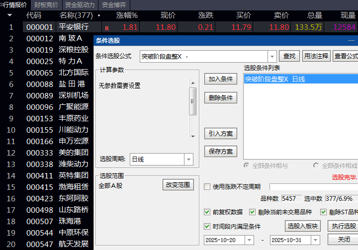 通达信【突破阶段盘整】副图与选股指标公式,在股价突破横盘区间上沿时立即提示即将启动上涨关键信号!