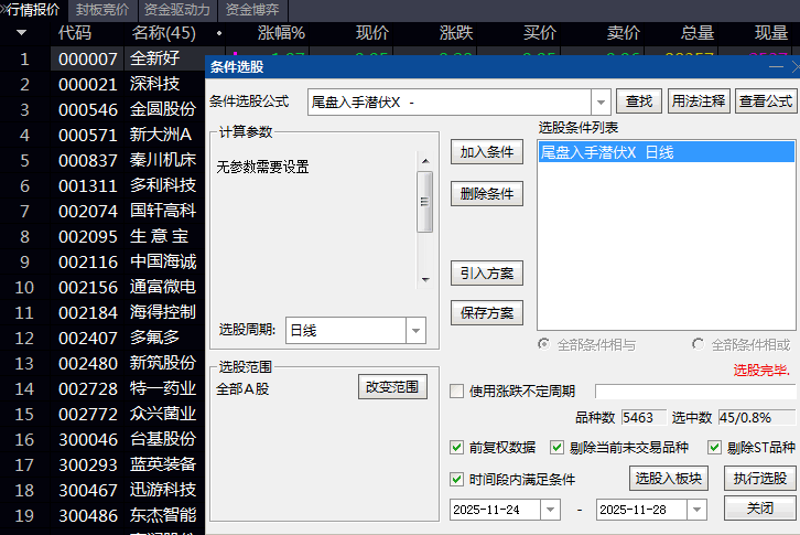 〖尾盘入手潜伏〗副图与选股指标,交易日尾盘阶段快速筛选具备短期上涨潜力个股!